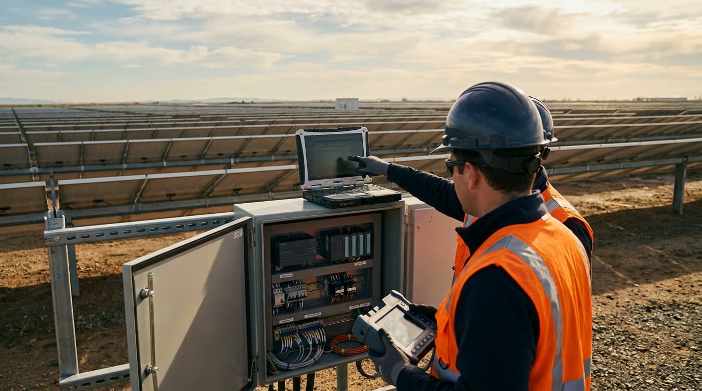 REIG field crew commissioning a NEMA 4 control enclosure on a utility-scale solar site
