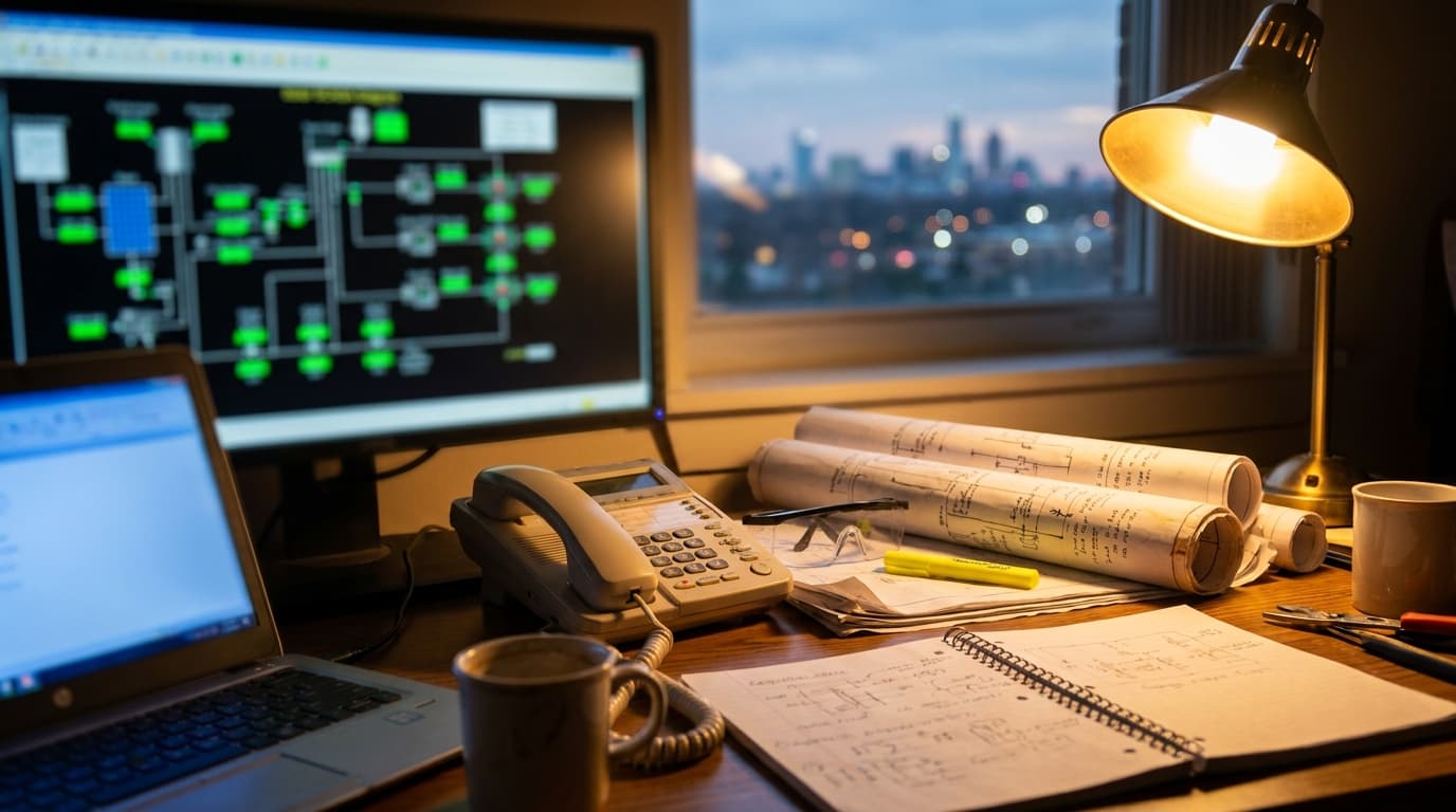 A REIG workstation at dusk, SCADA diagram on monitor, plan sets and a desk phone, Charlotte skyline lights in the window