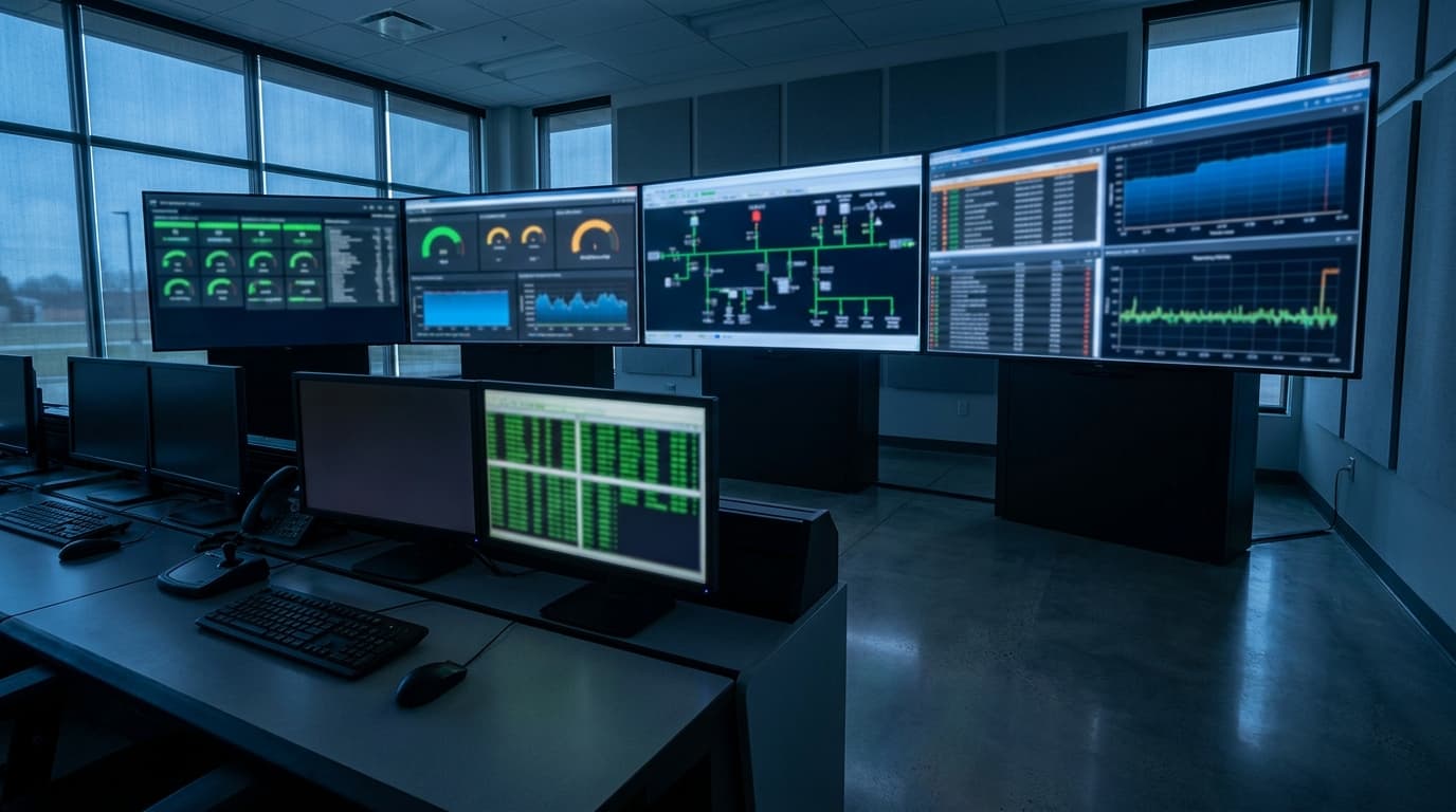 Solar plant SCADA control room with single-line diagrams, alarm lists, and trending charts on the operator video wall