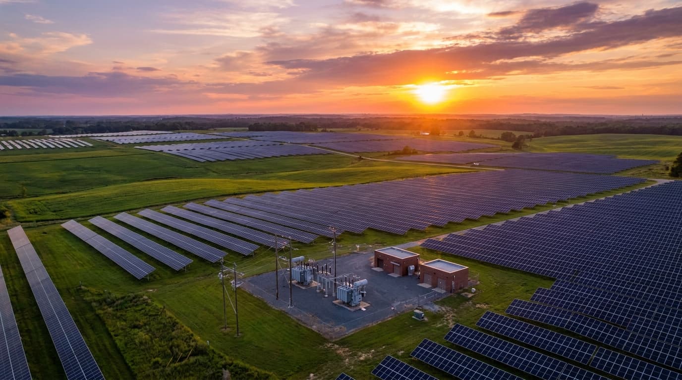 Aerial sunset view of a utility-scale solar farm with substation in the southeastern United States