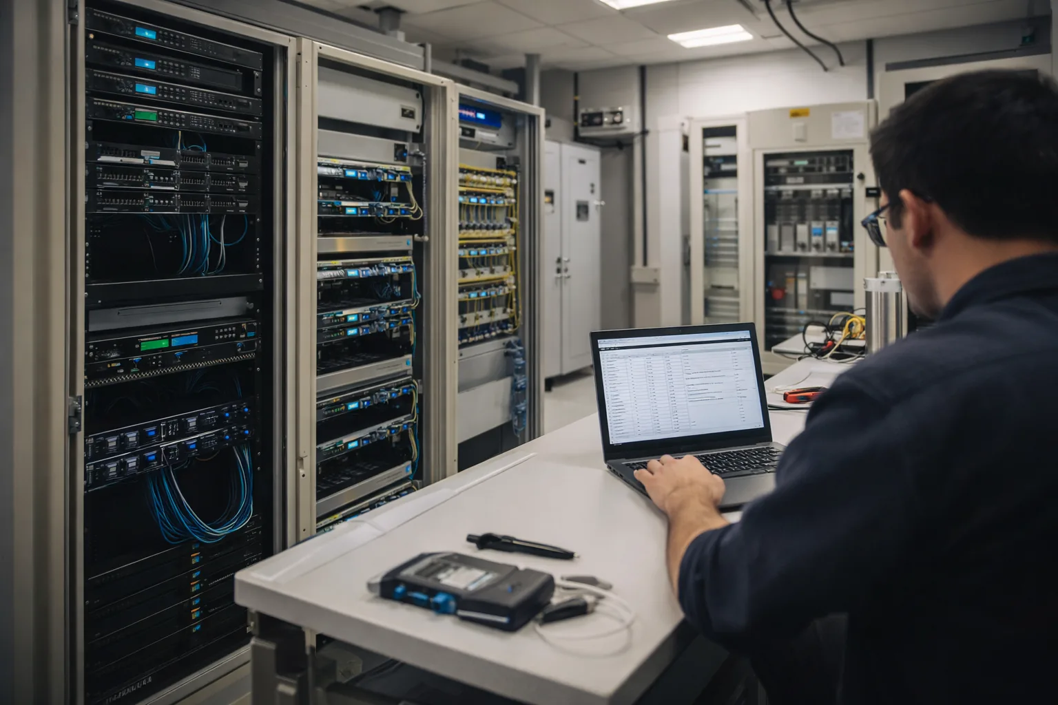Control house interior with SCADA cabinets, network switches, and fiber patch panels as a technician reviews a point list on a laptop for SCADA integration services.