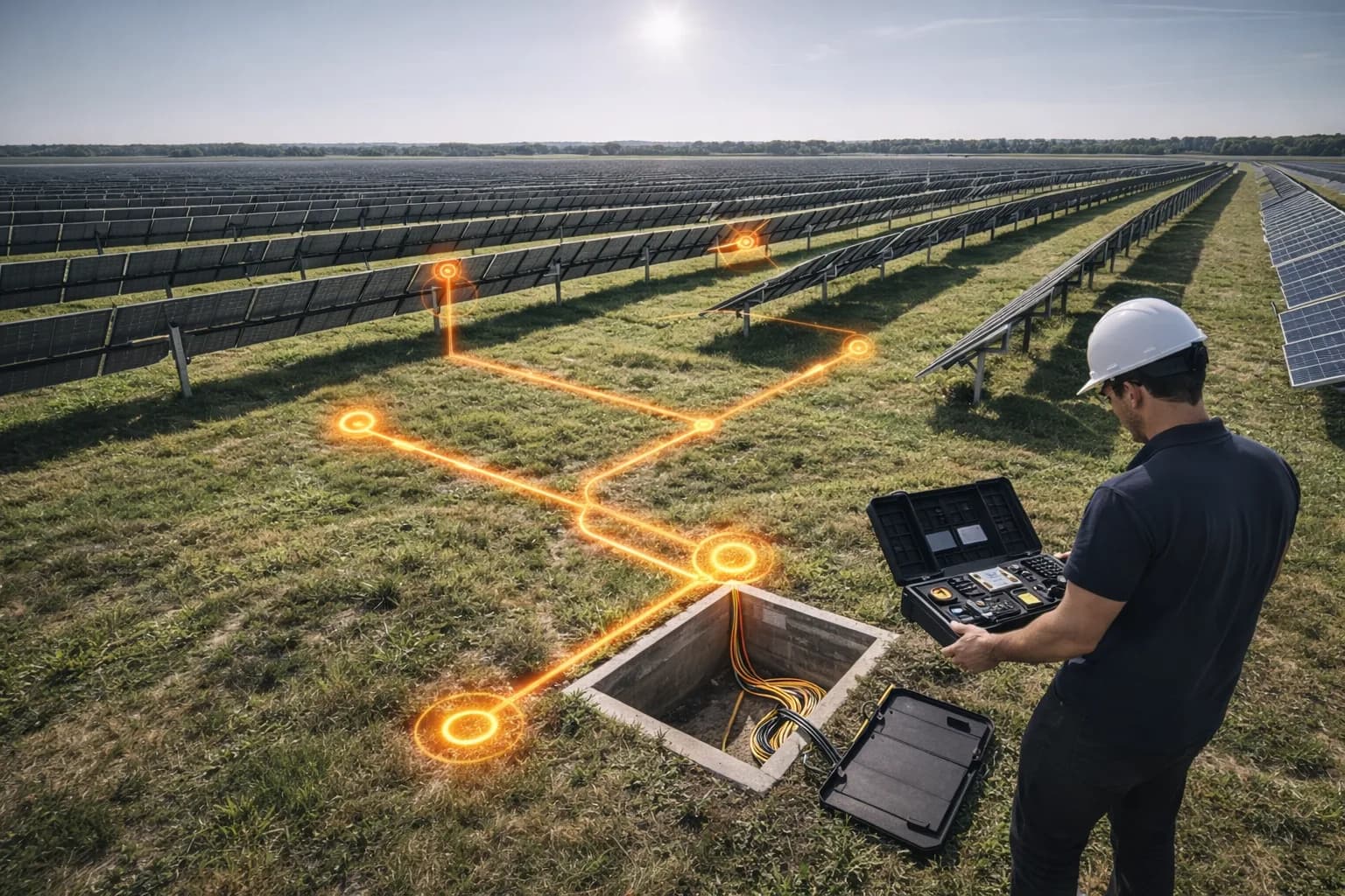 A utility-scale solar farm with an open handhole and a technician holding a fiber splicer case, showing fiber route and splice planning.