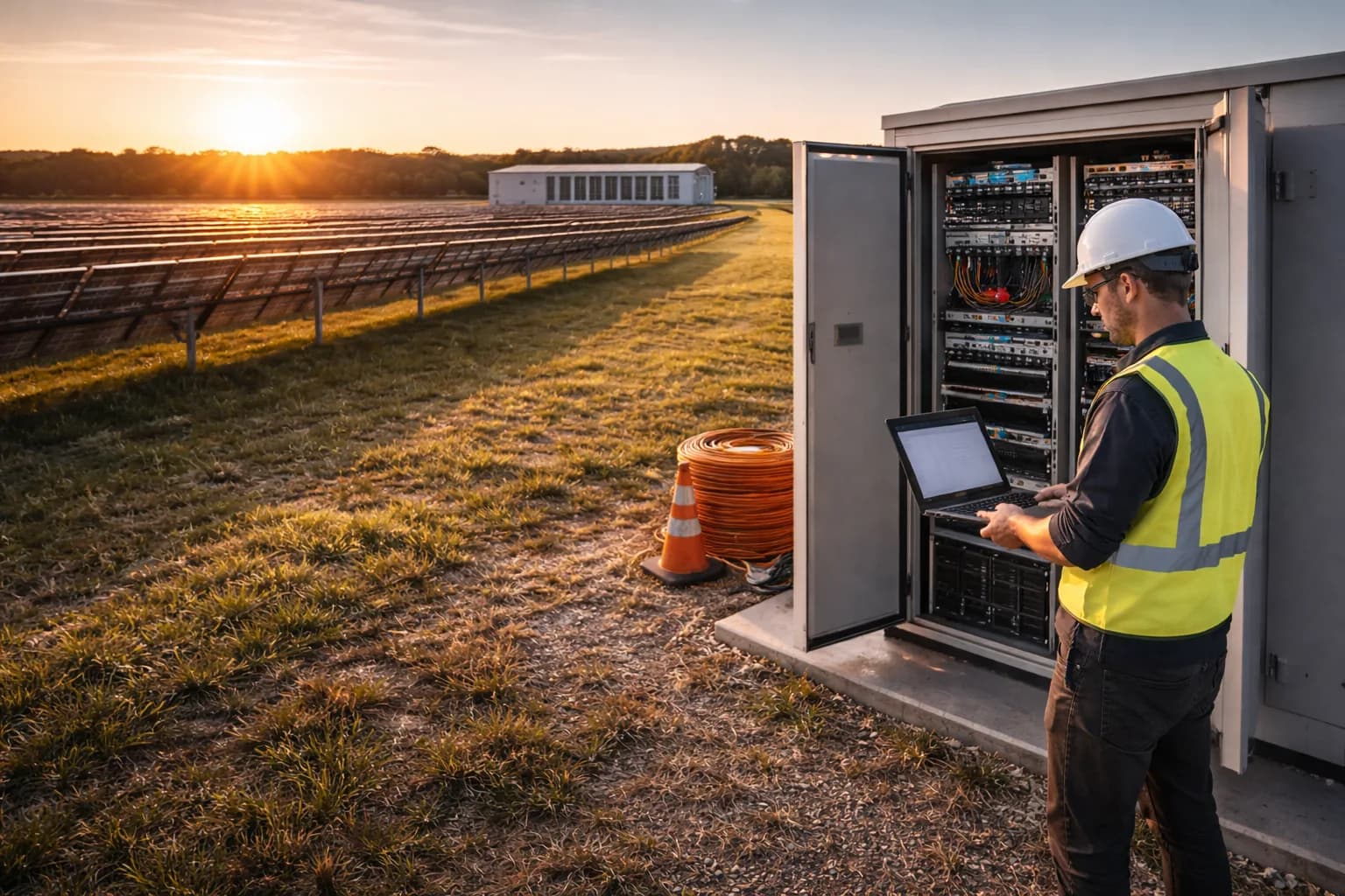 Field technician performing solar SCADA commissioning at a utility-scale PV site near an open communications cabinet, with control house in the background at golden hour.