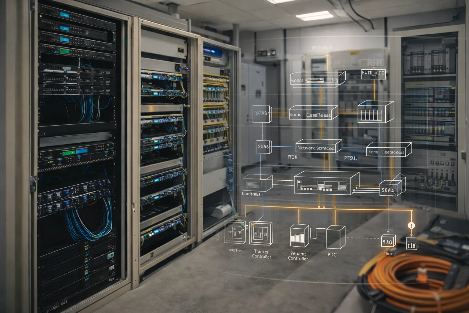 Wide-angle photo of a utility-scale solar plant control house interior with SCADA racks, network switches, and a subtle architecture overlay illustrating solar plant scada system layers from field devices to POI and utility.