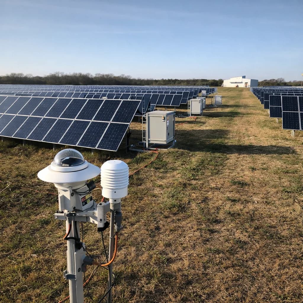 Close-up pyranometer on a utility-scale PV meteorological station with solar trackers in the background.