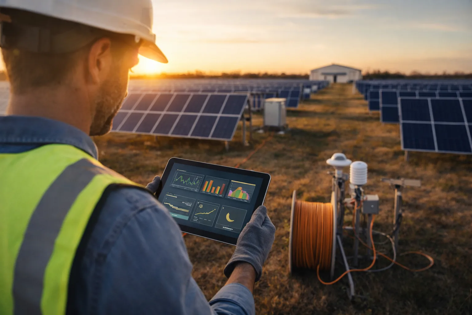 Utility-scale solar engineer reviewing monitoring KPIs on a tablet at a solar PV plant