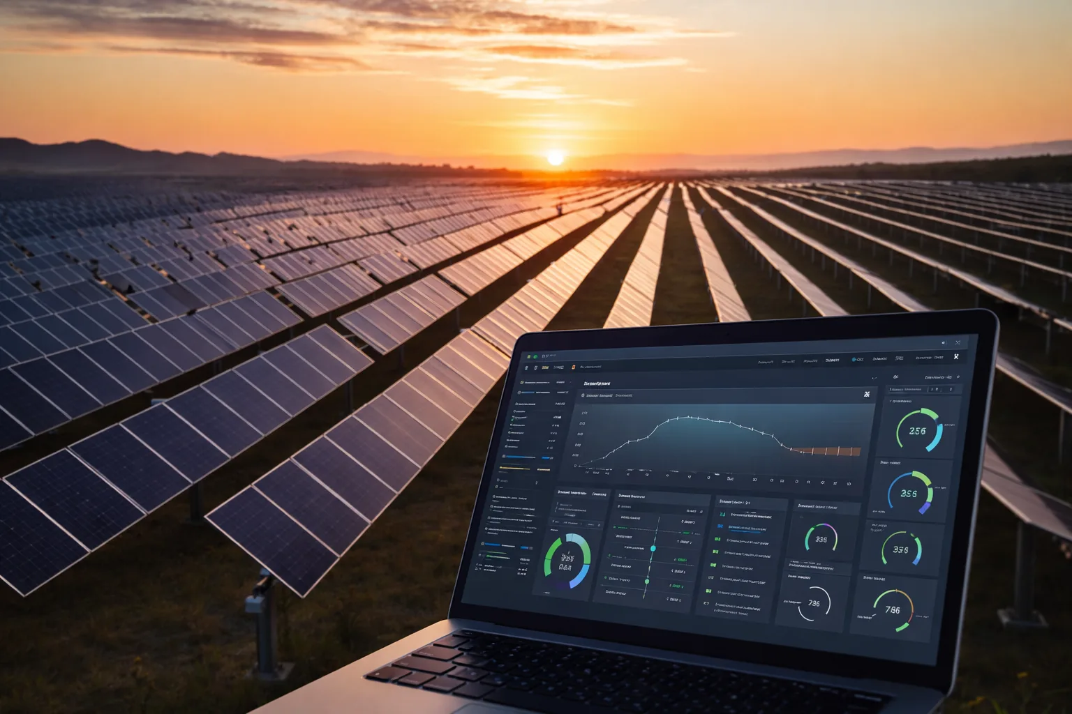 Utility-scale solar monitoring dashboard on a laptop in the foreground with one-axis tracker rows at sunrise in the background.