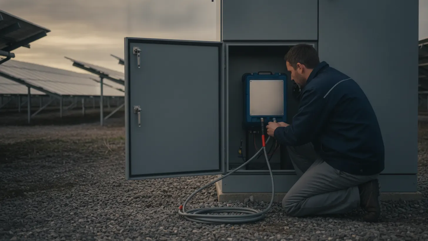 A technician conducts solar farm fiber optic testing, connecting cables inside an outdoor enclosure.