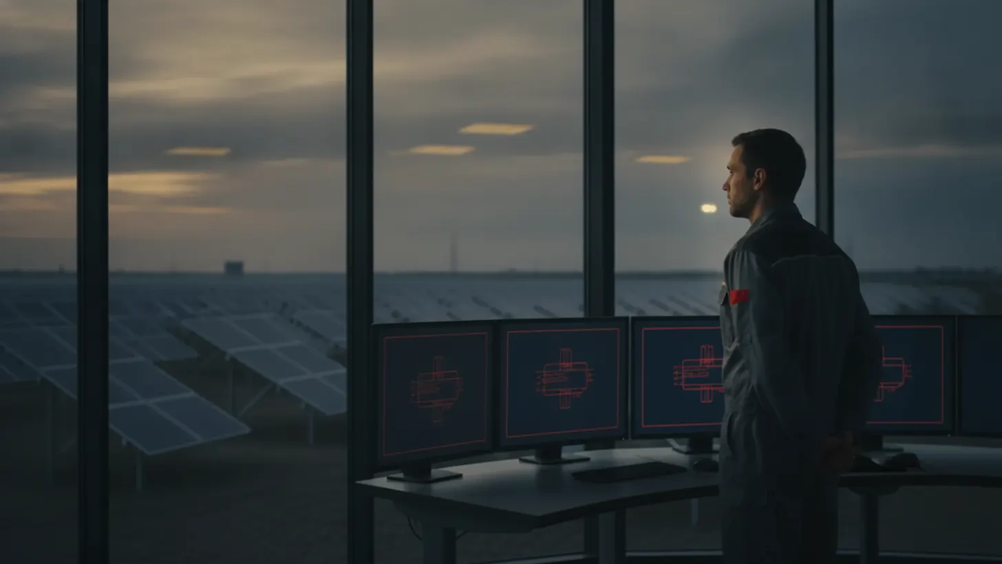 A technician stands at control room monitors overlooking a solar panel field at dusk.