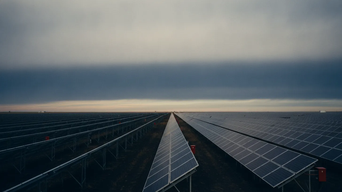 Vast rows of solar panels extend beneath dark cloud shadows, illustrating solar irradiance forecasting.