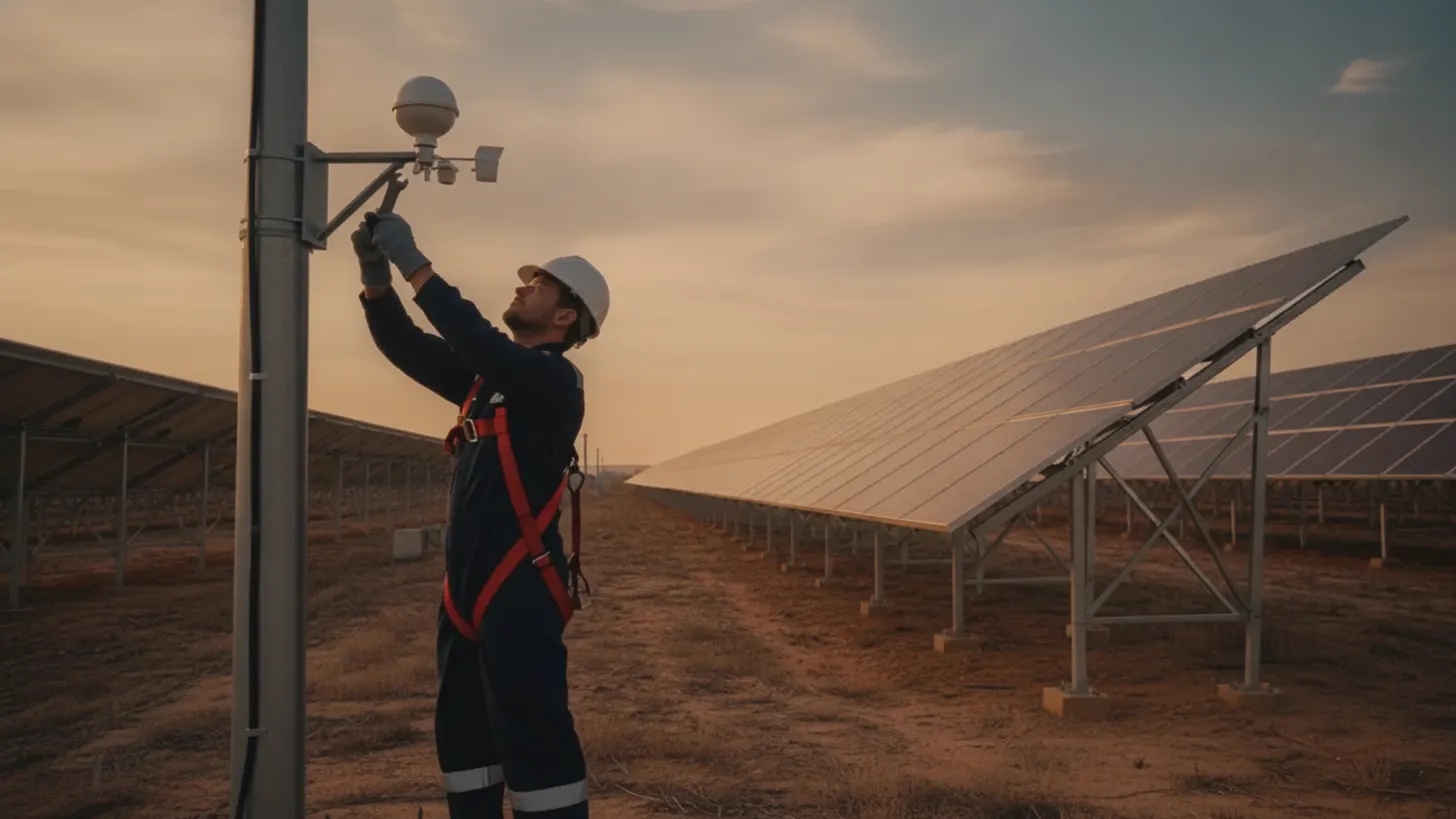 An engineer secures weather sensors during solar meteorological station commissioning near solar panels.