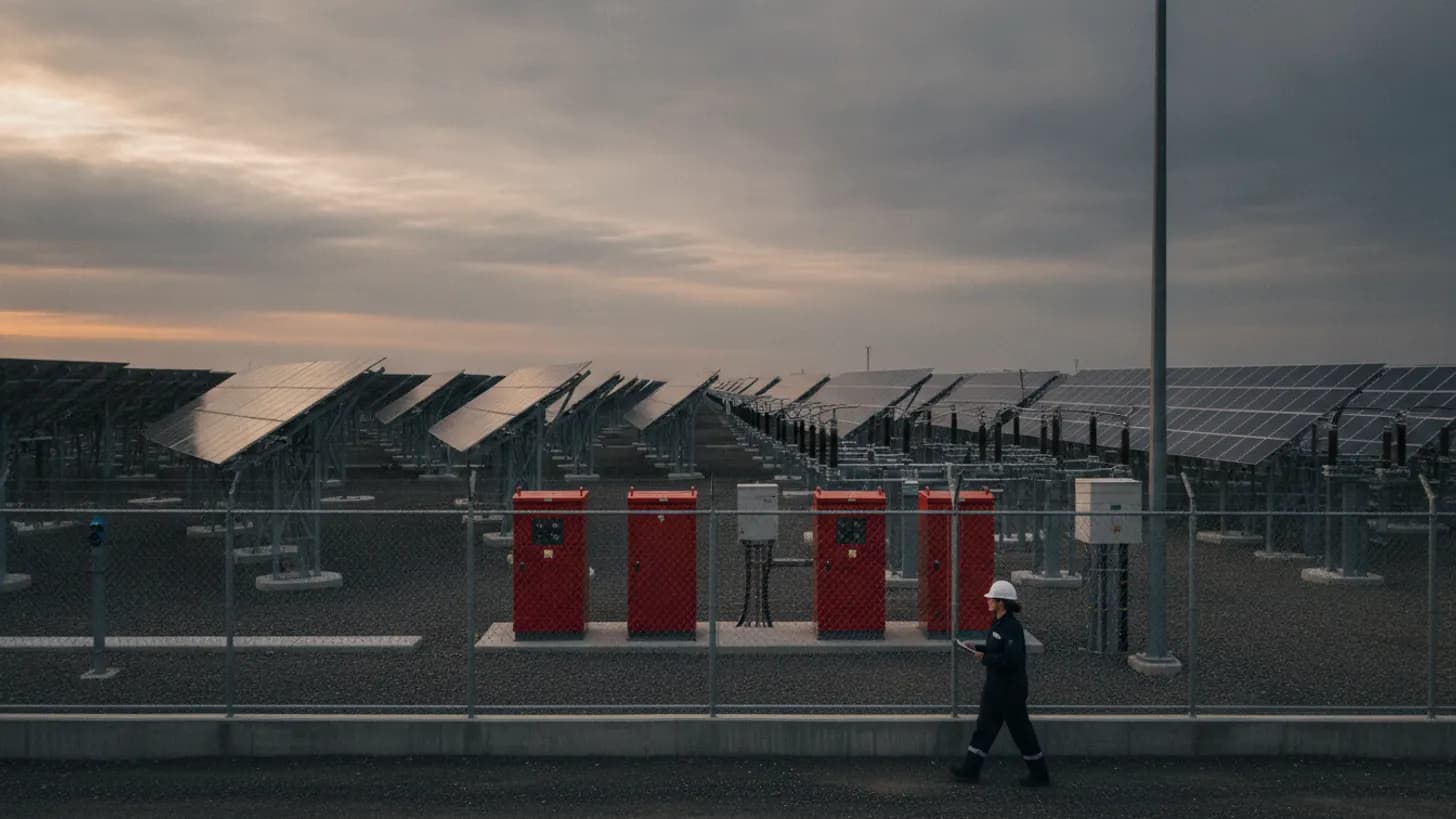 A field engineer walks past a fence by solar panel arrays and transformers at dusk.