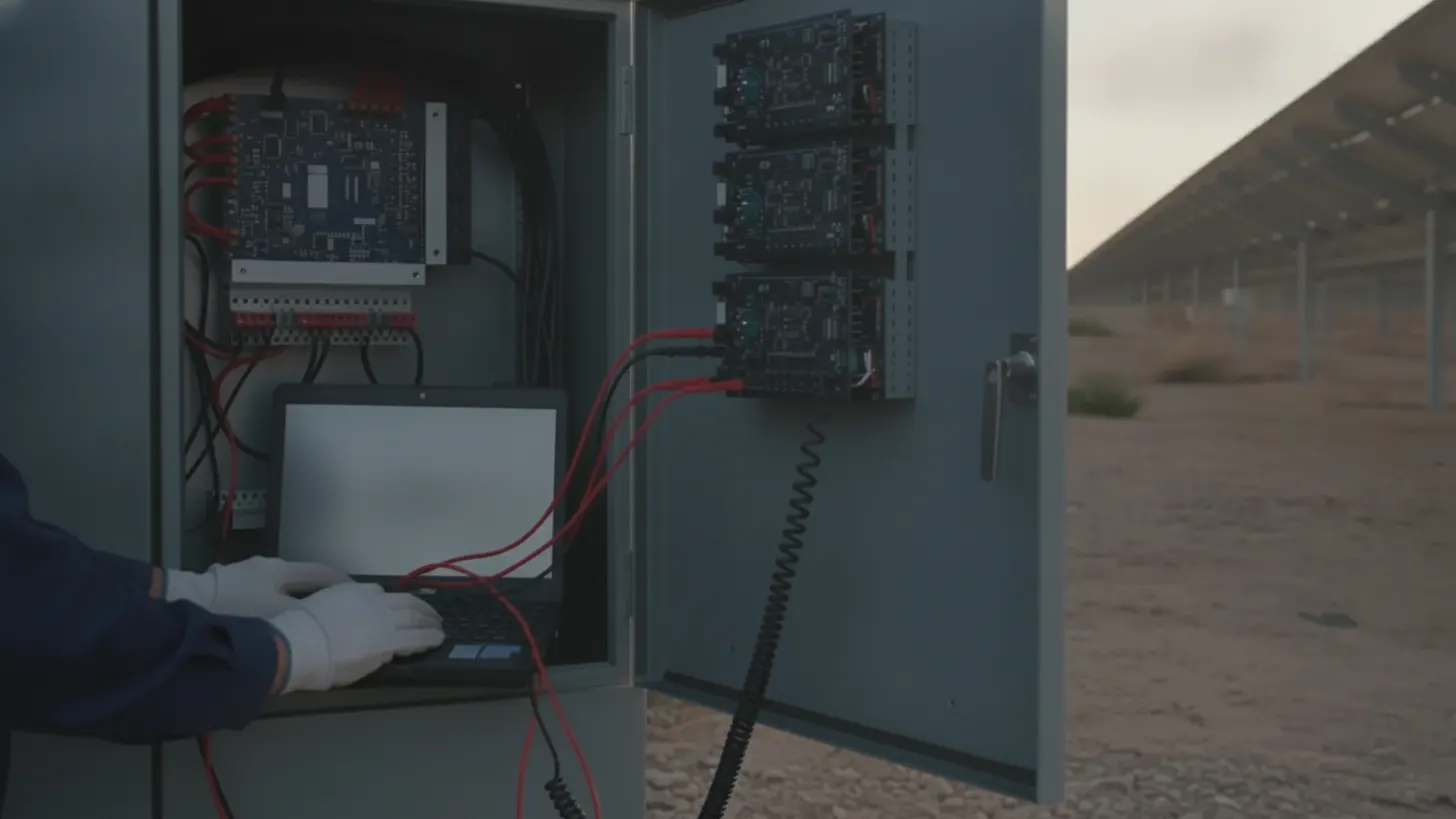 Technician performs solar power plant controller commissioning with a laptop wired to an open cabinet.