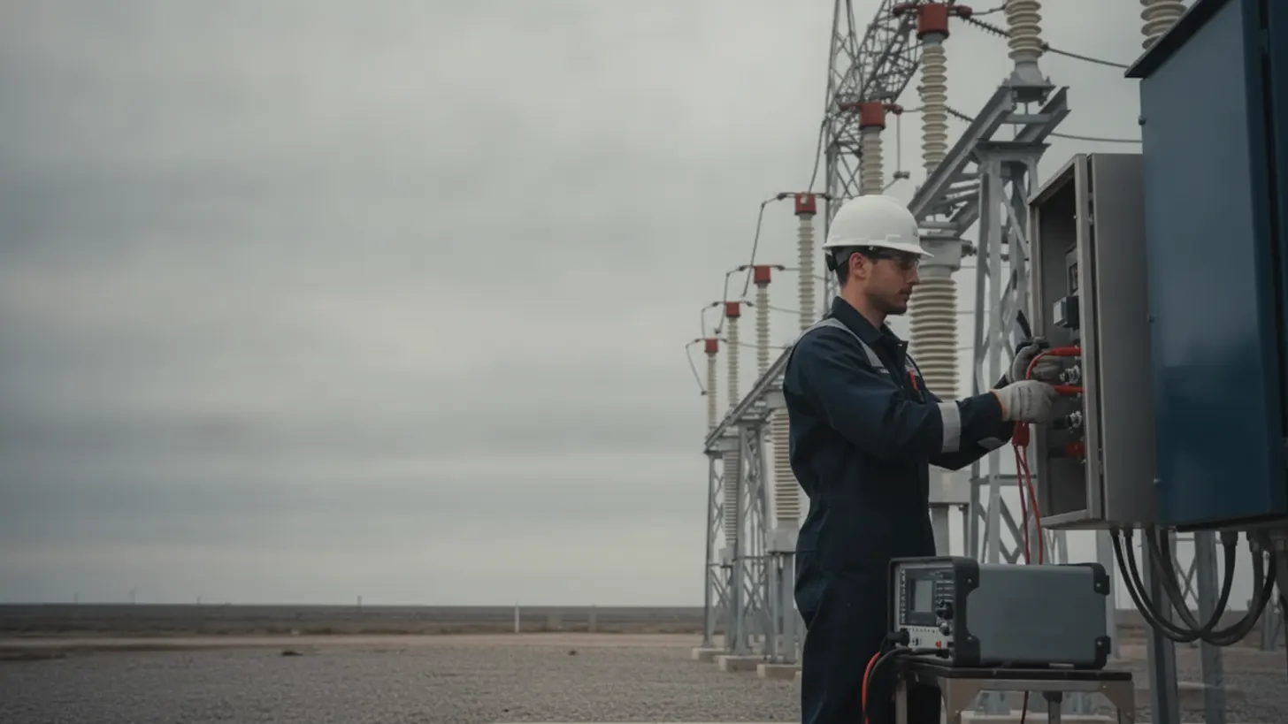 An engineer connects test equipment to a cabinet for solar substation breaker failure protection.